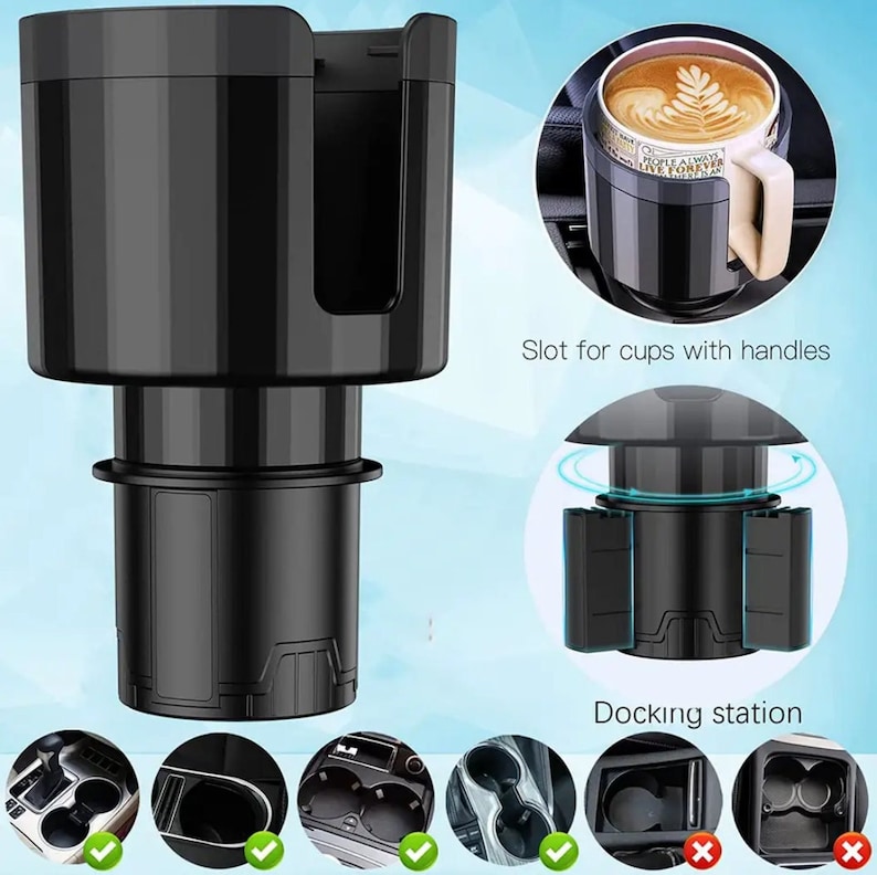 May include: Black car cup holder with a slot for cups with handles. The holder has a docking station that can be adjusted to fit different cup sizes. The image shows the holder in different positions, with a checkmark indicating a good fit and an X indicating a bad fit.