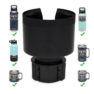 May include: A black car cup holder with a base and a top that can be adjusted to fit different sizes of cups and bottles. The holder is shown with a blue Yeti Rambler bottle, a blue Yeti Rambler mug, a light blue Hydro Flask bottle, and a green Yeti Rambler bottle.
