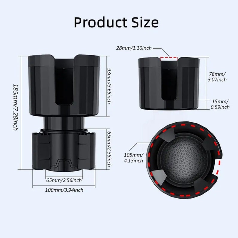 May include: Black car cup holder with measurements in inches. The cup holder is made of plastic and has a spring-loaded mechanism to hold cups securely. The cup holder is designed to fit in a car's cup holder.
