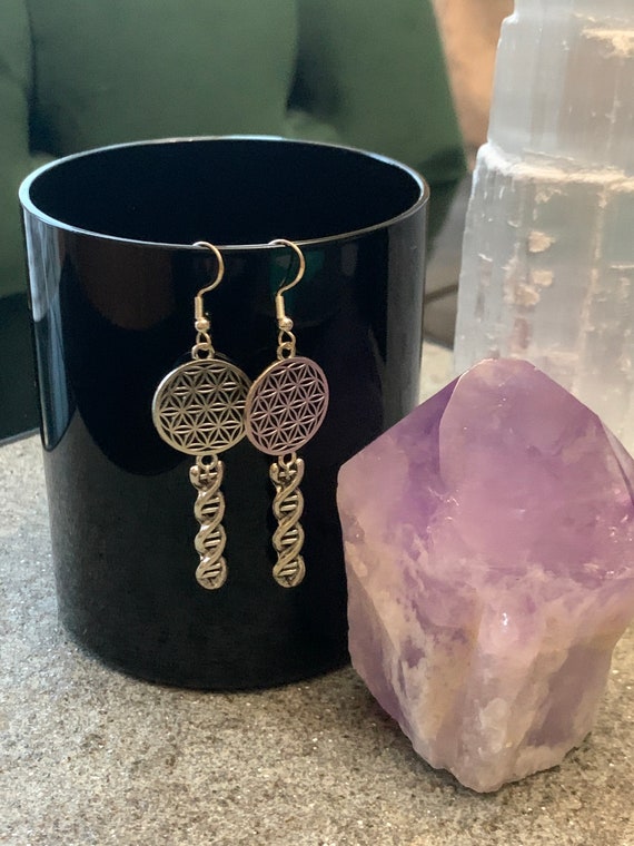 Flower of Life DNA Double Helix Earrings, Science Earrings, 925 Sterling Silver Hooks