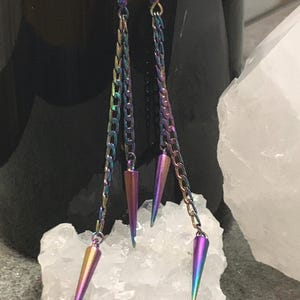 Rainbow Plated Spike Dangle Earrings, Rainbow Anodized Niobium, 925 Sterling Silver or Rainbow Plated Stainless Steel Hooks