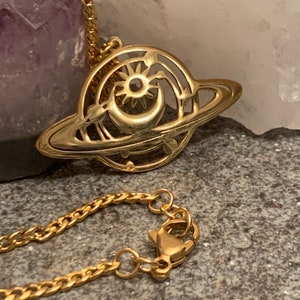 Gold Saturn Planet Space Galaxy Charm Choker,Necklace Pendant, Gold Plated 304 Stainless Steel, Hypoallergenic Chain and Charm