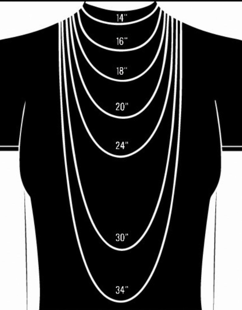 May include: A diagram showing different necklace lengths from 14 inches to 34 inches. The lengths are marked in increments of 2 inches.