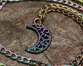 Simple Small Moon Rainbow Plated Charm Choker or Necklace Pendant, Rainbow Plated 304 Stainless Steel, Hypoallergenic Chain