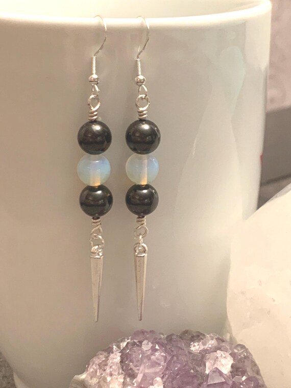 Shungite Dangle EMF Protection Earrings, 925 Sterling Silver Hooks, Opalite Accent Beads