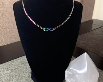 Rainbow Infinity Necklace or Choker, ET Pendant, Men’s/Women’s Gift, Hypoallergenic Rainbow Plated Stainless Steel, Custom Length  Chain