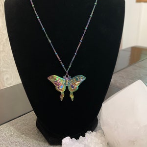 Moon Moth Pendant, Luna Moth Necklace, Mystic Psychic Charm Necklace, Rainbow Plated Stainless Steel, Hypoallergenic Custom Length Chain