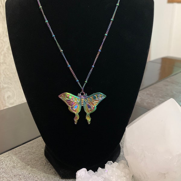 Rainbow Moon Moth Pendant: Hypoallergenic Stainless Steel Chain