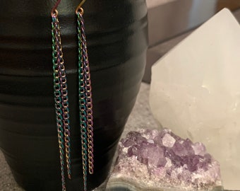 Rainbow Plated Chain Long Dangle Earrings,Rainbow Anodized Niobium, Sterling Silver or Rainbow Plated Stainless Steel Hooks