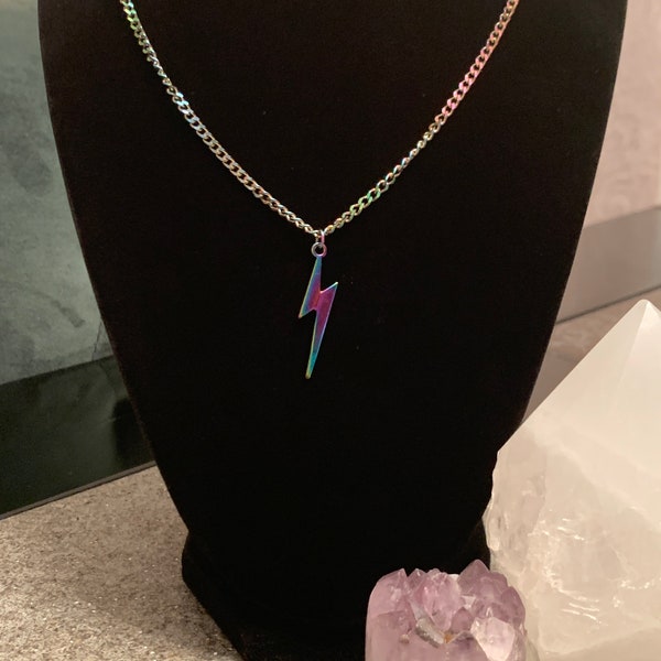 Lightning Bolt Rainbow Plated Charm Necklace Pendant, Rainbow Plated 304 Stainless Steel, Hypoallergenic Chain