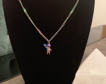 Little Spaceman Astronaut Alien Rainbow Plated Charm Necklace Pendant, Rainbow Plated 304 Stainless Steel, Hypoallergenic Chain