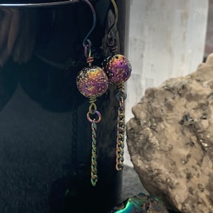 Niobium Rainbow Plated Lava Stone Earrings, Rainbow Anodized Niobium Earrings, Hypoallergenic Earrings, Skin Safe Earrings, Rainbow Chain