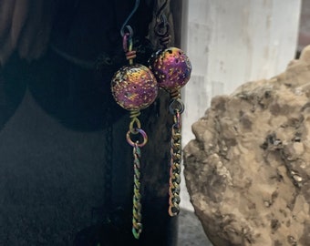 Niobium Rainbow Plated Lava Stone Earrings, Rainbow Anodized Niobium Earrings, Hypoallergenic Earrings, Skin Safe Earrings, Rainbow Chain