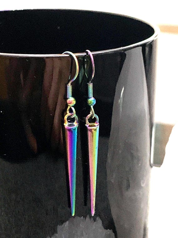 Rainbow Spike Dangle Earrings: Anodized Niobium, Sterling Silver, or 316 Surgical Stainless Steel Titanium Rainbow Plated