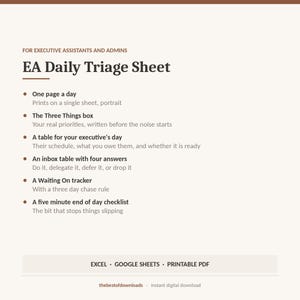 Puede incluir: Un documento digital titulado EA Daily Triage Sheet para asistentes ejecutivos y administradores. Enumera funciones como un formato de una página al día, una caja de Three Things, una tabla de agenda, una tabla de bandeja de entrada, un rastreador Waiting On y una lista de verificación. Disponible en Excel, Google Sheets y PDF imprimible.