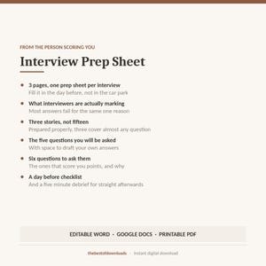 Op de afbeelding: Een interviewvoorbereidingsblad van drie pagina's met donkerbruine tekst op een lichtcrème achtergrond. Het bevat secties voor voorbereiding, beoordelingscriteria, het opstellen van verhalen, veelgestelde vragen en een checklist voor de dag ervoor.