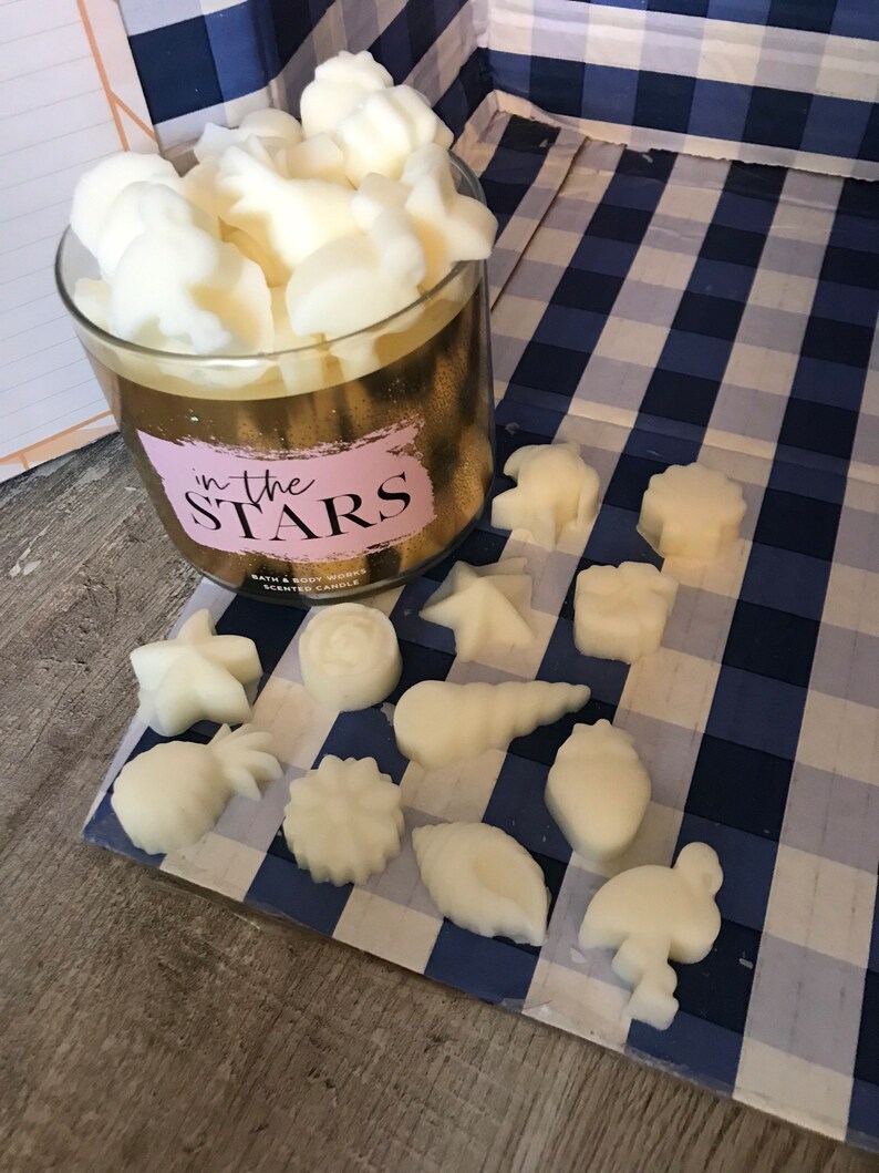 May include: A glass jar candle with a gold lid and a pink label that says "in the STARS" with white text. The candle is surrounded by white wax melts in various shapes, including stars, seashells, pineapples, and leaves.