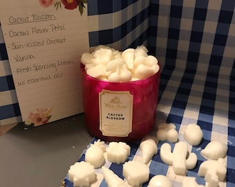 Può includere: Candela in vaso bianco con coperchio rosa e un'etichetta che recita "White Barn Cactus Blossom". La candela è circondata da scioglie-candele di cera bianca a forma di vari cactus, ananas e coni gelato.
