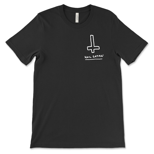 May include: Black t-shirt with a white inverted cross and the text "Hail Satan" printed on the front.