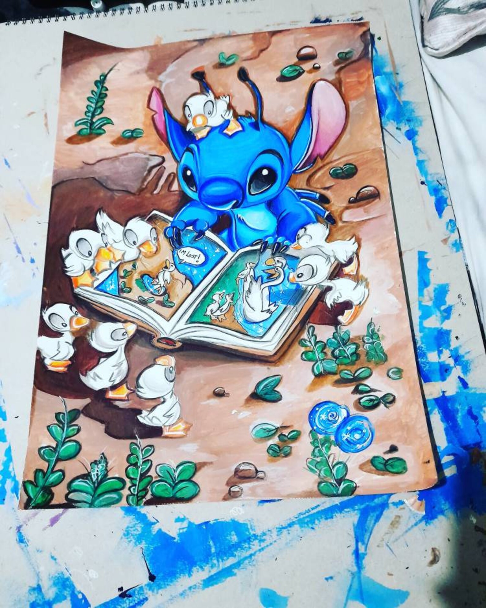Stitch and Ducklings A3 Painting Etsy