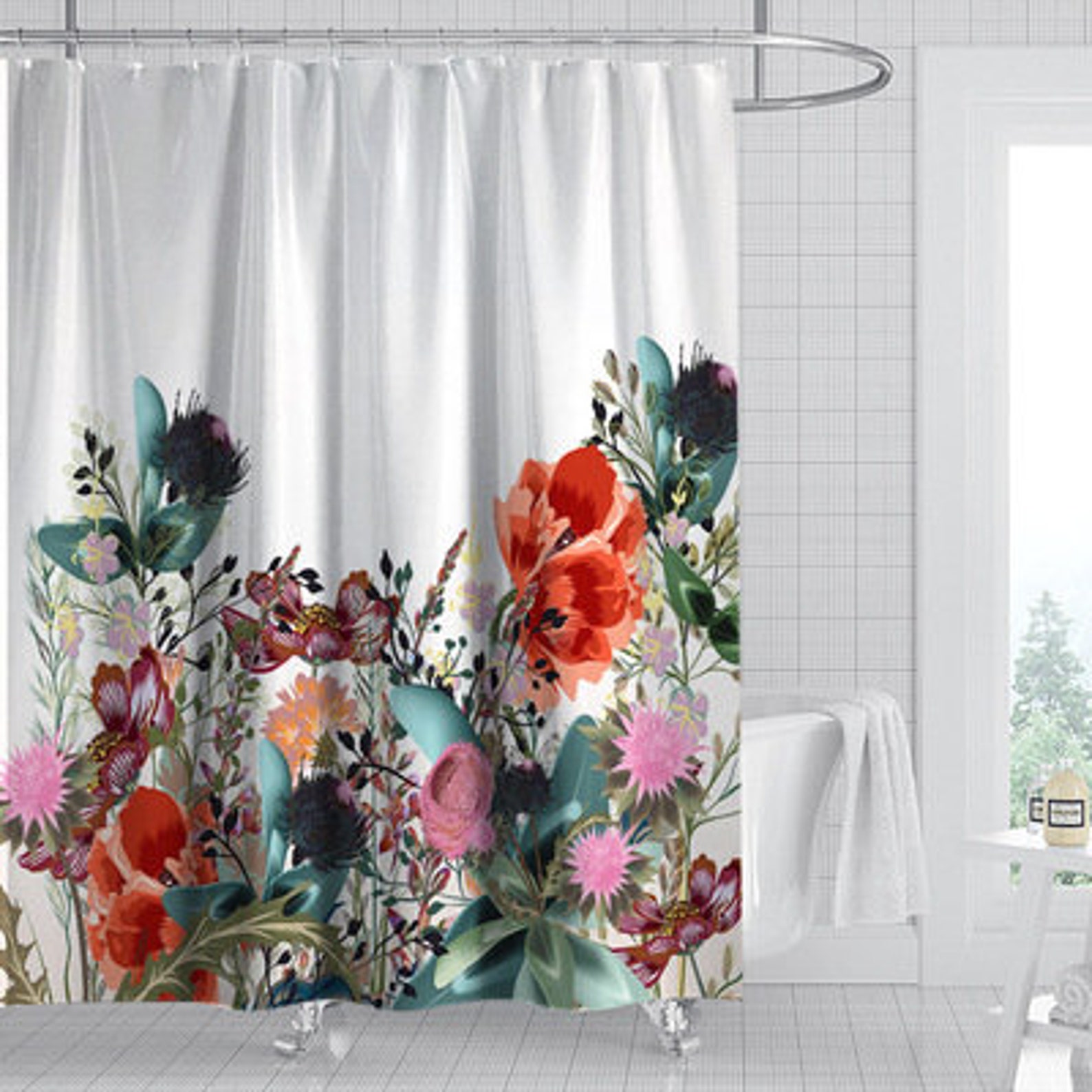 Floral Art Shower Curtain Colorful Flowers Shower Curtain Etsy