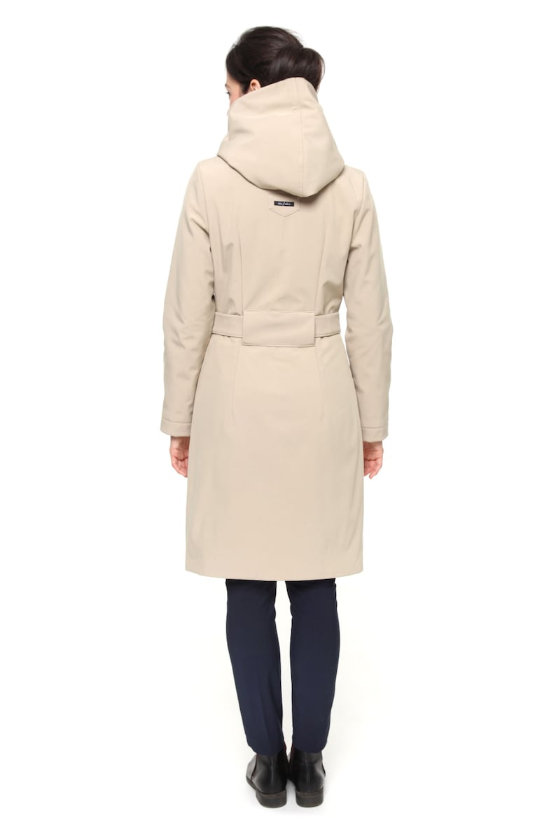 Hooded Womens Winter Coat, Beige, Lined Coat, Asymmetrical Winter Coat