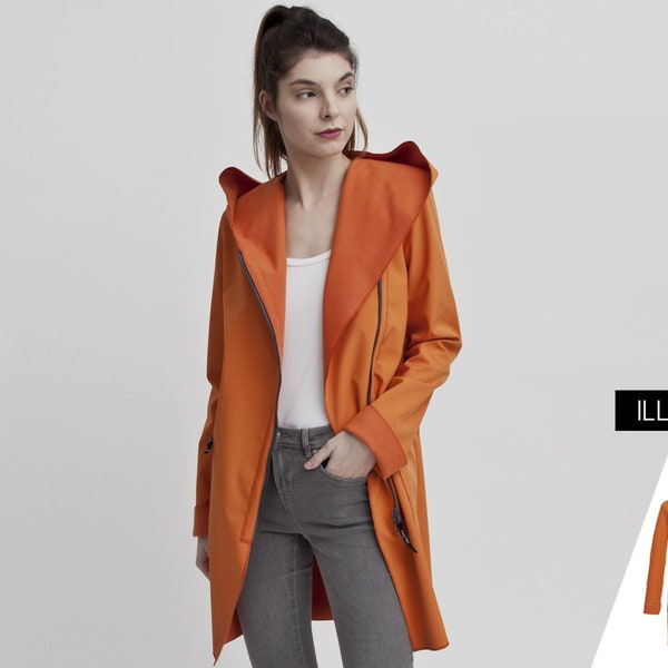 Orange rain coat for women, Asymmetrical Hooded softshell Rain jacket, Pretty urban city Windbreaker, Asymmetrical biker Coat, Hooded Coat