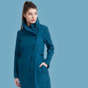Teal Softshell Raincoat Women, Asymmetrical Windproof Trench, Plus Size, Snap butten Women Jacket