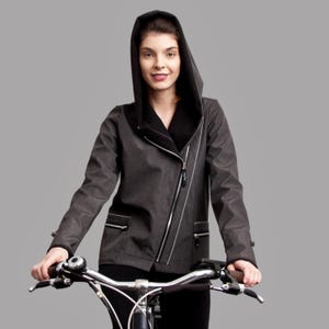 Reflective Softshell Biker Hoodie, Asymmetrical Zip, Melange Gray Women Short Bike Coat, Women Jacket