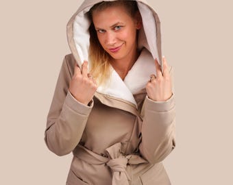 Hooded Softshell Winter Coat, Beige Asymmetrical Parka, Lined Windbreaker