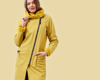 Softshell Raincoat, Asymmetrical Zipper, Hooded Plus Size Coat, Mustard Yellow
