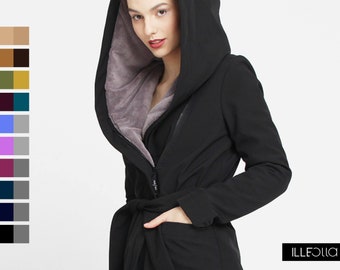 Hooded Winter Coat, Asymmetrical Jacket, Long Black Wintercoat