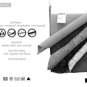 May include: A fabric swatch display showing layers of softshell, wellsoft, quilted lining, and cotton fleece. Text includes MATERIAL AND CARE, SOFTSHELL: water repellent, windproof, breathable, multi-layered, WELLSOFT, QUILTED LINING, and ILLEOLLA.