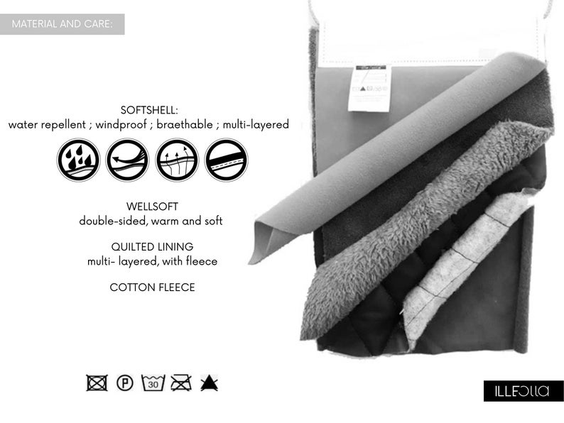 May include: A fabric swatch display showing layers of softshell, wellsoft, quilted lining, and cotton fleece. Text includes MATERIAL AND CARE, SOFTSHELL: water repellent, windproof, breathable, multi-layered, WELLSOFT, QUILTED LINING, and ILLEOLLA.
