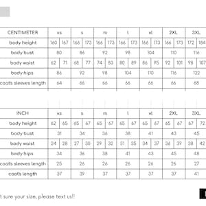 May include: A black and white size chart for coats featuring two tables labeled CENTIMETER and INCH. The tables list measurements for body height, bust, waist, hips, and coat sleeve length across sizes XS to 3XL. Includes the text ILLEFOLLA.