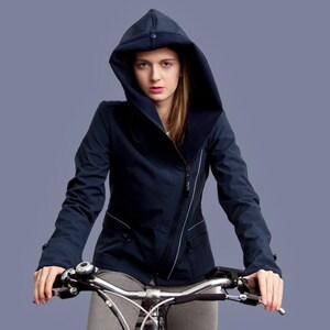 Navy Blue Softshell Cycling Jacket, Women's Hooded Raincoat, Asymmetrical Zipper