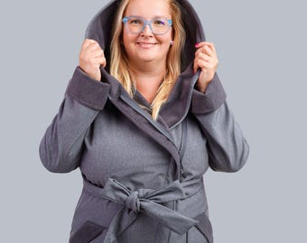 Asymmetrical Softshell Coat, Water Repellent Hooded Rain Jacket, Plus Size Elegance