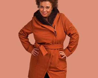 Hooded Softshell Winter Coat, Copper Brown, Asymmetrical