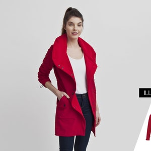 Plus size Red long raincoat, Woman Size Autumn Winter asymmetrical rain Coat, Hooded Trench Coat, Wind Jacket Lightweight  Raincoat