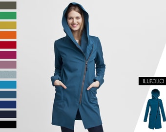 Asymmetrical long jacket, Spring coat with hood, Blue Softshell raincoat Plus Size, Long Rain Jacket, Blue Trench Coat, Water repellent coat