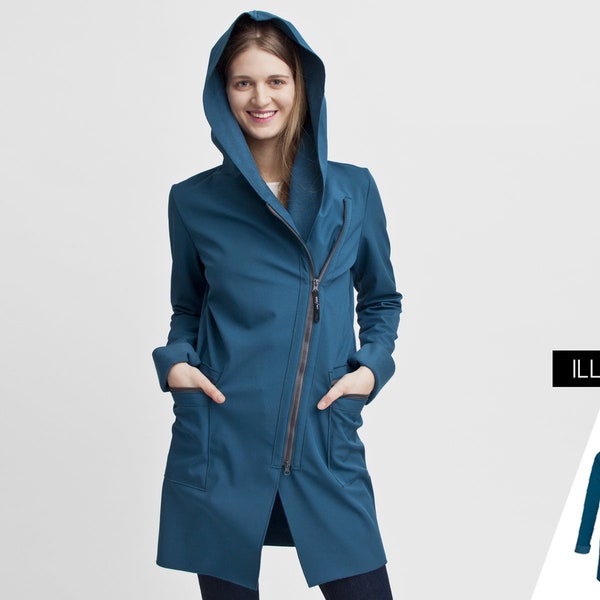 Asymmetrical long jacket, Spring coat with hood, Blue Softshell raincoat Plus Size, Long Rain Jacket, Blue Trench Coat, Water repellent coat