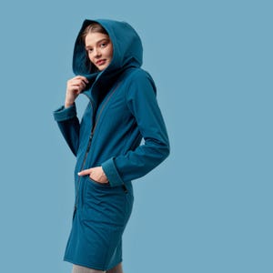 Asymmetrical Hooded Softshell Coat, Blue Petrol Raincoat, Plus Size Available