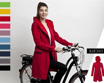 Red Raincoat, reflective Coat, Cycling asymmetrical jacket, Softshell Long Coat for biking, Plus size Raincoat for women, Hooded raincoat