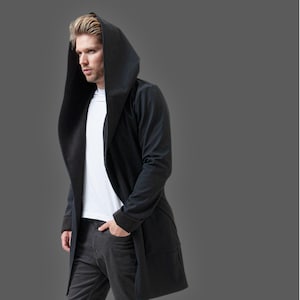 Men's Softshell Coat, Waterproof Black Jacket, Large Hood, Cyberpunk Style