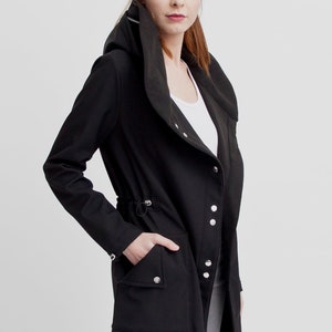 Plus size Long black trench raincoat, Woman Size Autumn asymmetrical rain Coat, Hooded Trench Coat, Wind Jacket Lightweight  Raincoat