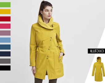 Yellow Raincoat women, Rain or shine big collar zip away rainjacket,Mustard Bright rainproof jacket for ladies, Bright windproof trench coat
