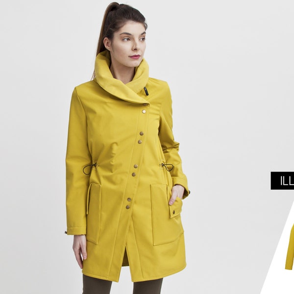 Imperméable jaune femme, pluie ou éclat grand col fermeture éclair imperméable, veste imperméable moutarde brillante pour dames, trench coupe-vent brillant