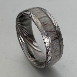 Custom made ring - Mokume Gane Stainless Damascus steel - forged and worked by hand - Stag Antler band. !
