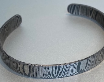 Hand forged Damascus bangle steel 8mm wide - hand polished and finished - medium size - for average sized men and women