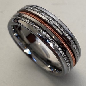 Custom made ring - Titanium ring - 8mm band - Meteorite Damascus embedded panels and guitar string inlay. Stunning!